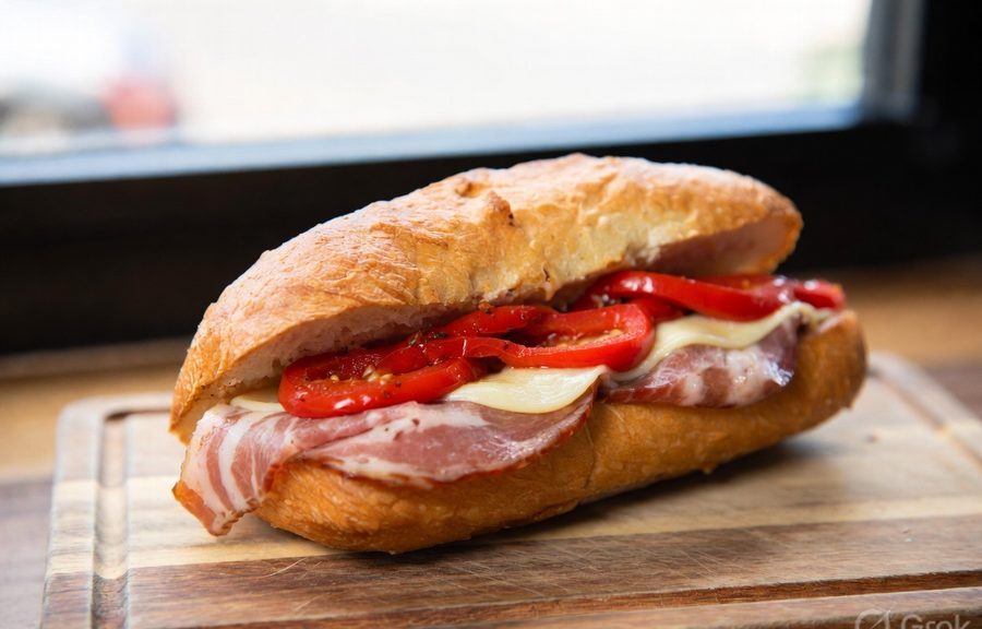 Ham, cheese and capsicum baguette